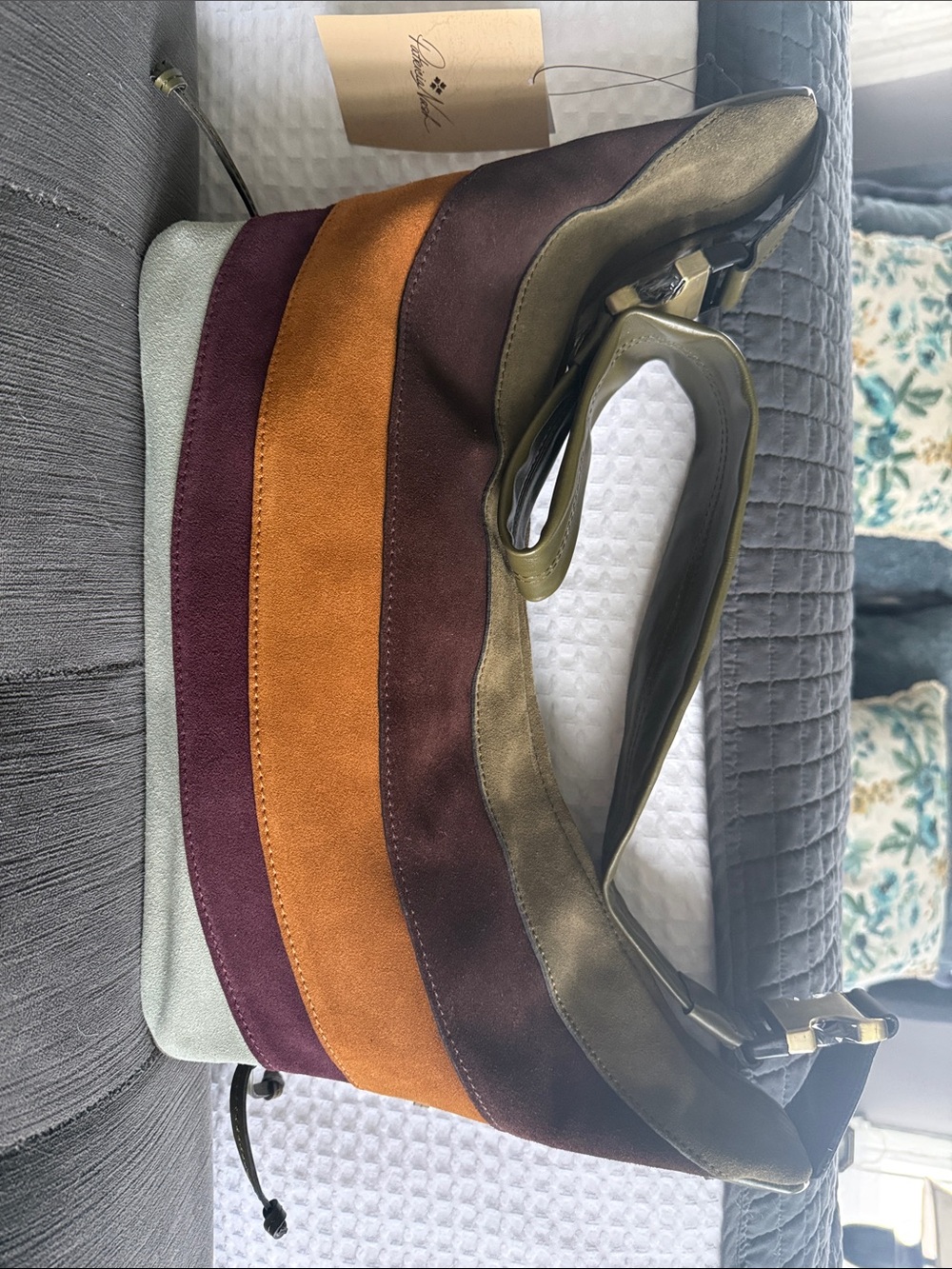 Patricia Nash Multicolor Suede Shoulder Bag in Olive, Rust, Wine and Sage.